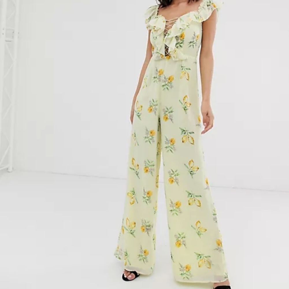 ASOS lemon print lace front jumpsuit size 2